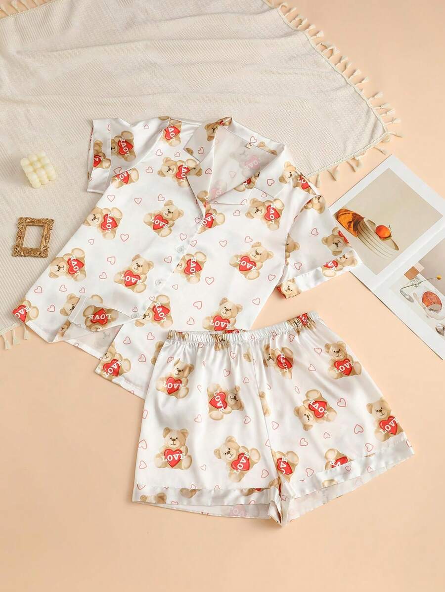 Women's Short Sleeve T-Shirt And Shorts Pajama Set With Bear Print - White - View 1
