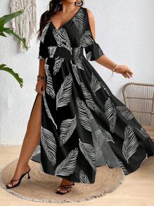 Vestido con estampado tropical con hombros descubiertos y abertura en el muslo para mujer, para el verano