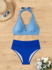 SHEIN Swim 女士夏季海灘彩色拼接露背頸帶性感比基尼套裝 - 彩色 - 查看 3