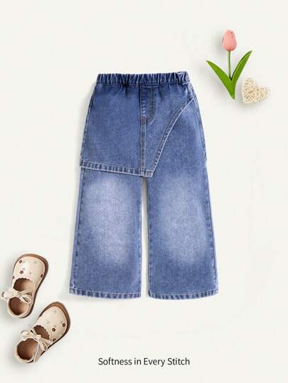 Cozy Pixies Young Girls Washed Two In One Baggy Soft Denim Wide Leg Pants With Elastic Waist