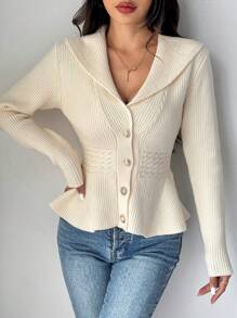 SHEIN LUNE 女式春秋纯色翻领长袖开衫，带荷叶边下摆和单排扣纽扣