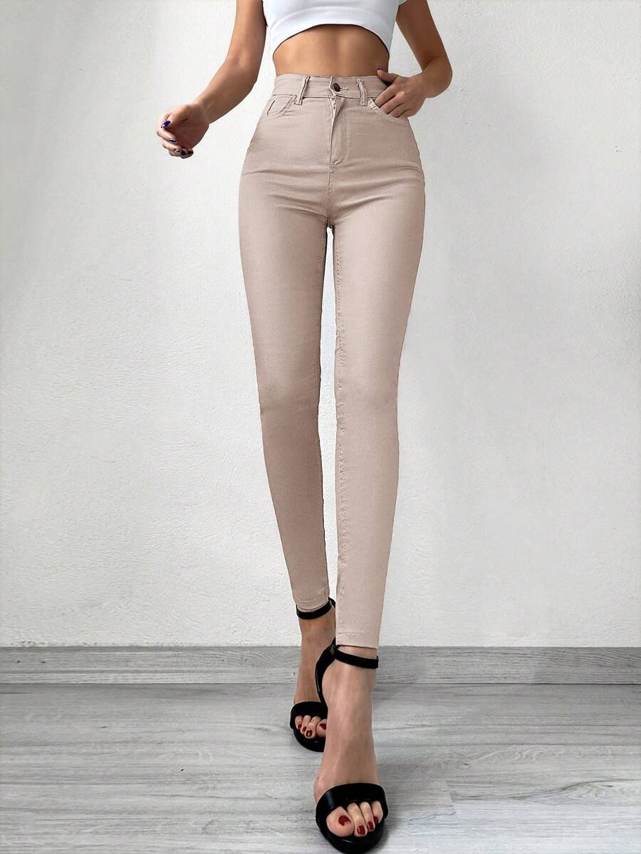 SHEIN Cottnline Jeans ajustados unicolor crop - Rosa Pálido - Ver 1