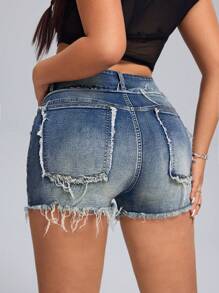 Shorts de mezclilla para mujer de talla grande con flecos, casuales, para el verano