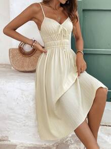 SHEIN Frenchy 女士黃色綸子肩帶日常連衣裙，黃色女裝連衣裙，檸檬黃洋裝，長款A字型領帶連衣長裙，帶襯裡白色夏季連衣裙，中長款女裝連衣裙，度假風格，奶嬤工作服裝，秋季連衣裙，四季皆宜的基礎款下擺連衣裙 - 杏色 - 查看 3