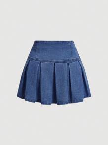 SHEIN MOD Plus Size Nữ Đơn Giản Màu Trơn Mặc Hàng Ngày Váy Denim Mini Có Dây Buộc - Rửa tối - Xem 2