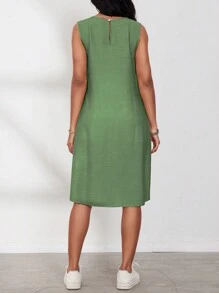 EMERY ROSE Women's Casual Solid Color Sleeveless Side Split Mid-Length Shirt For Summer,Sleeveless Tops - Army Green - View 2