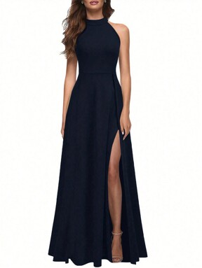 Calvaya Women's Solid Color Simple Daily Open Shoulder Slit Dress Maxi Women Outfit