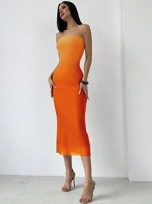 Aloruh 美式渐变色网眼印花抹胸紧身橙色连衣裙 - 彩色 - 查看 6