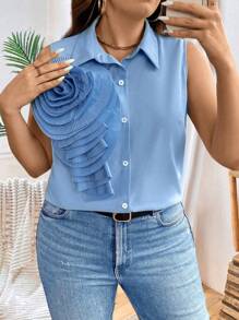 SHEIN Clasi Plus Stereo Flowers Button Front Sleeveless Shirt - Blue - View 6