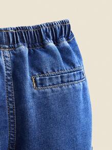 SHEIN 小男孩宽松夏季牛仔短裤，带口袋，返校 - 藍色 - 查看 8