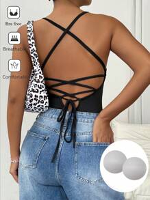 SHEIN Essnce 後無背黑色連體衣，內置薄墊胸罩和細肩帶 - 黑色 - 查看 3