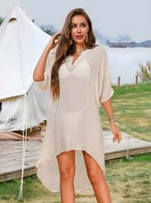SHEIN Swim Notched Neckline Batwing Sleeve Cover Up Dress For Summer Beach - Apricot - View 2