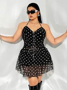SHEIN ICON Plus Size Polka Dot Print Halterneck Vest And Mesh Polka Dot Skirt Set - Black and White - View 5