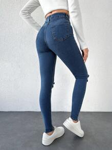 Cottnline Jeans ajustados desgarro de talle alto - Azul - Ver 2