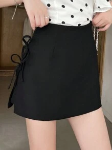DAZY Women's Solid Color Fashionable Simple Elegant Bowknot Decor Loose Soft Tender Skirted Shorts - Black - View 7