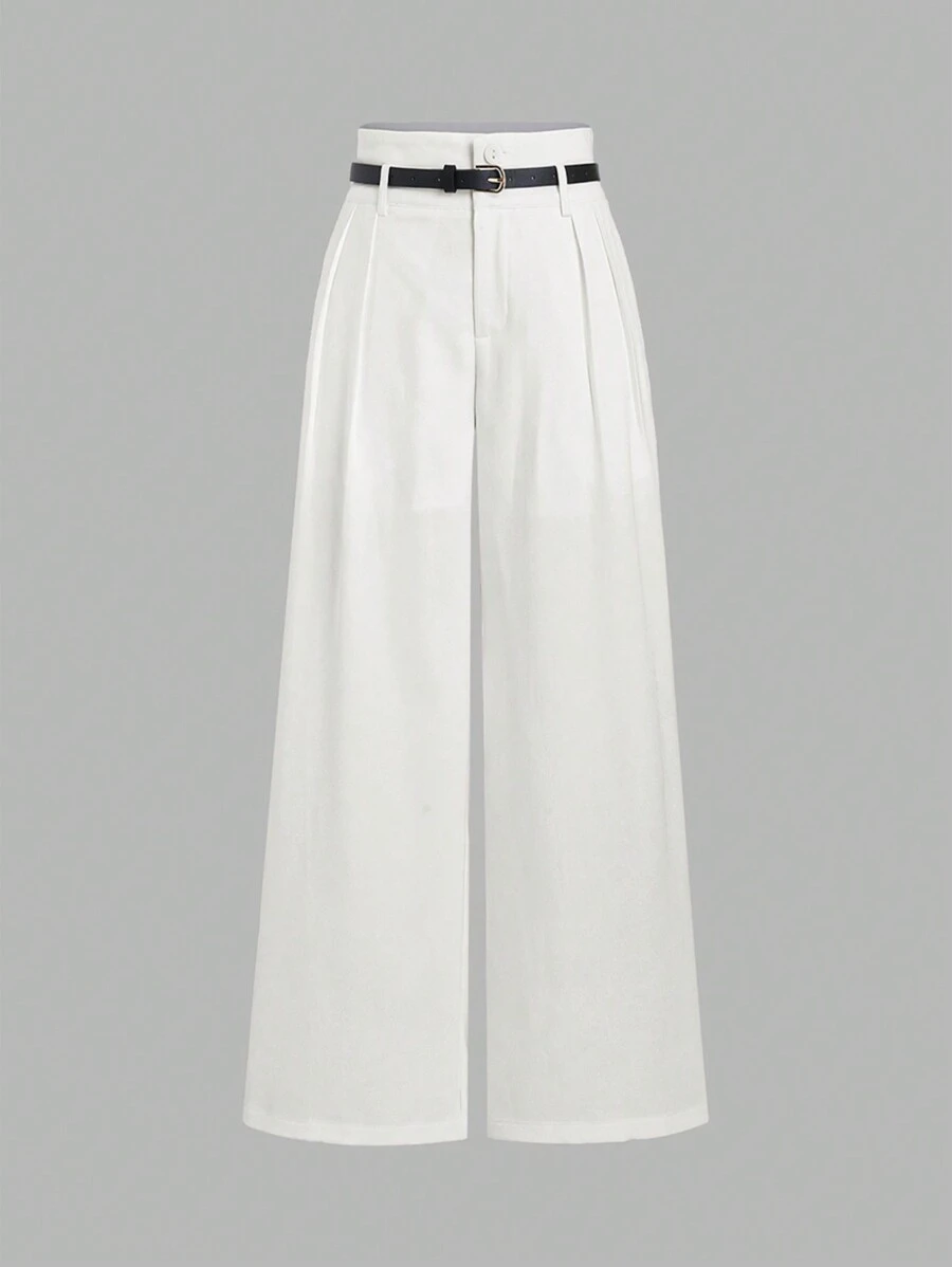 Sweetra Waist Belted Solid Color Wide-Leg Suit Pants - White - View 1