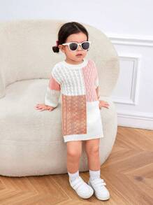 SHEIN LMoss Kids Váy len màu trơn co giãn thường ngày cho bé gái LMoss Baby Girl, Thu/Đông - Nhiều màu - Xem 3