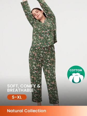 LUVLETTE Soft Cotton Small Flora Print Long Women Pajama Set Lounge Sets For Women Lingerie
