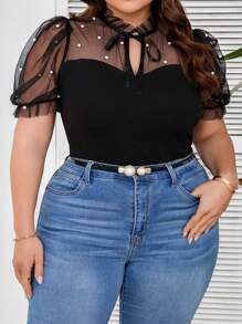SHEIN CURVE+ Áo thun lót mỏng Color Block size lớn, dành cho mùa hè - màu đen - Xem 5