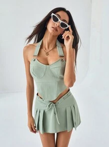 Aveloria Affinna Pure Temptation Sexy Girl Design Cold-Shoulder Cargo Short Top With V-Neckline And Waist Tie Detail, And Pleated Skirt Set For Women