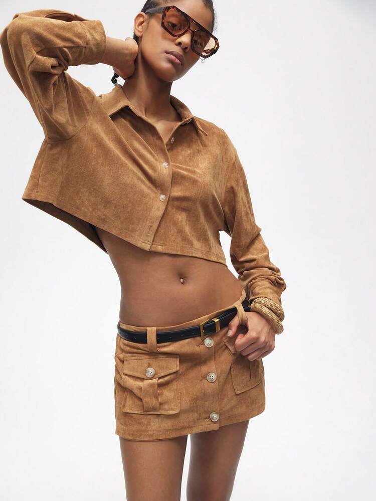 SHEIN Maija Khaki Suedette Cropped Long Sleeve Shirt For Women, Autumn Back To School