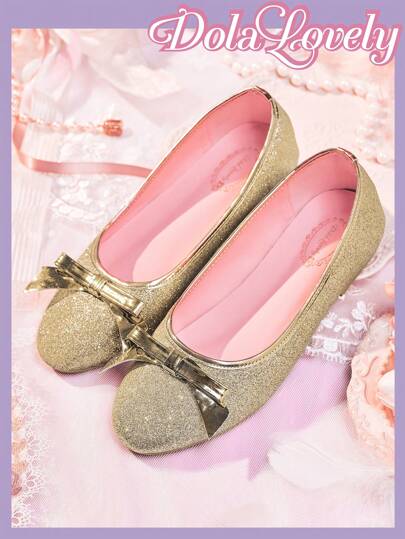 Dola Lovely Round Toe Glittery Simple And Versatile Women's Flat Shoes With Bowknot Decoration, Suitable For Outdoor Activities, Dress-Up, Casual And Comfortable, Ballet Flats Halloween
