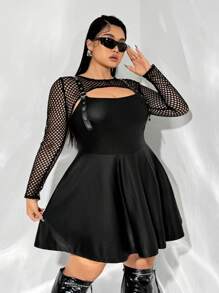 SHEIN ICON Plus Size PU Leather Spliced Mesh Dress, For Winter - Black - View 4