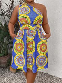 SHEIN Clasi Plus Mandala Print Slant Pocket One Shoulder Dress - Multicolor - View 5