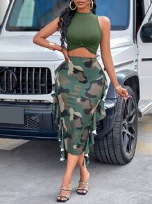 Amarilo Casual Front Tie Cropped Top With Ruffle Hem Camo Skirt 2 Piece Set