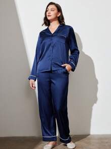 LUVLETTE Conjunto de pijama básico de satén azul oscuro con botones para mujer, conjunto de prendas de estar en casa
