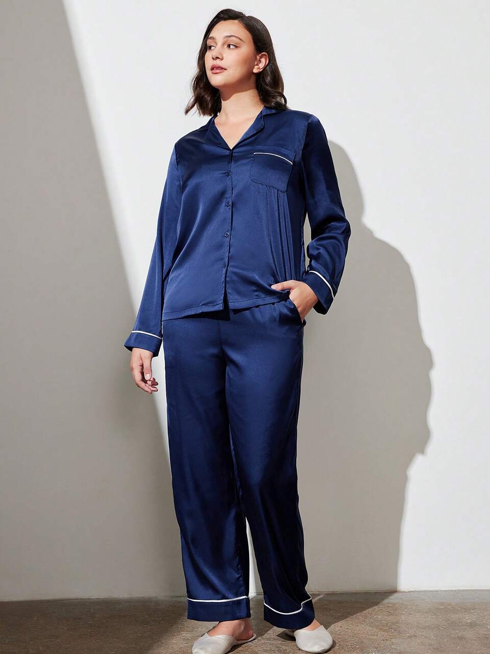 Autumn And Winter Basic Dark Blue Satin Botton Up Long Women Pajam Set Lounge Sets Fall Pajamas