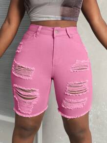 SHEIN Slayr Ladies' Simple Daily Ripped Denim Shorts - Pink - View 5