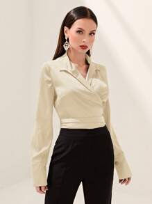 Modelyn Áo sơ mi nữ dài tay cổ chữ V thắt lưng lưng thanh lịch và thời trang - Rượu sâm banh - Xem 4