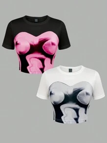 SHEIN Unity Einfaches Damen T-Shirt mit Rundhalsausschnitt und Kurzarm mit Muster - Verschiedenfarbig - Übersicht 3