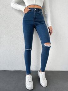 EURMUSE Calças Jeans Femininas Rasgadas No Joelho De Corte Justo - Baby Azul - Ver 4