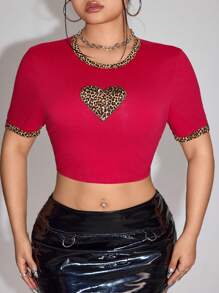 SHEIN ICON Y2k Women T Shirt Back To School Clothes Plus Size Heart & Leopard Patchwork Tight Short Sleeve Crop Top, Daily Casual - Red - View 1