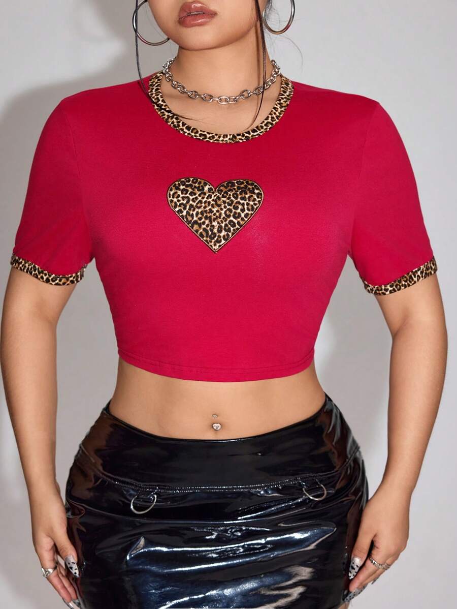 SHEIN ICON Y2k Women T Shirt Back To School Clothes Plus Size Heart & Leopard Patchwork Tight Short Sleeve Crop Top, Daily Casual - Red - View 1