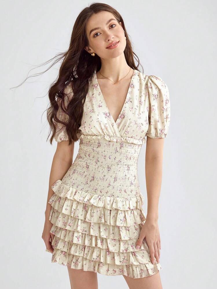 Women's Deep Shirred Puff Sleeve Floral Waist Tie Shirred Lace Dress
