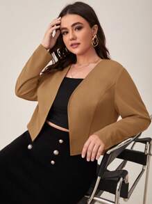 SHEIN LUNE Plus Solid Open Front Crop Blazer For Dailywear In Fall/Winter - Khaki - View 5