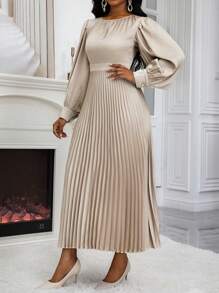 EMERY ROSE Đầm Maxi Satin Xếp Ly Tay Phồng Dáng Chữ A Ôm Eo Thu Đông Cho Nữ Trang Phục Nữ - Màu Khaki - Xem 5