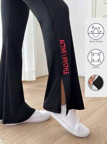 Mulvari 女士针织日常休闲长开叉打底喇叭紧身裤，全长，快干，弹力材质，适合健身跑步瑜伽 - 藍色 - 查看 1