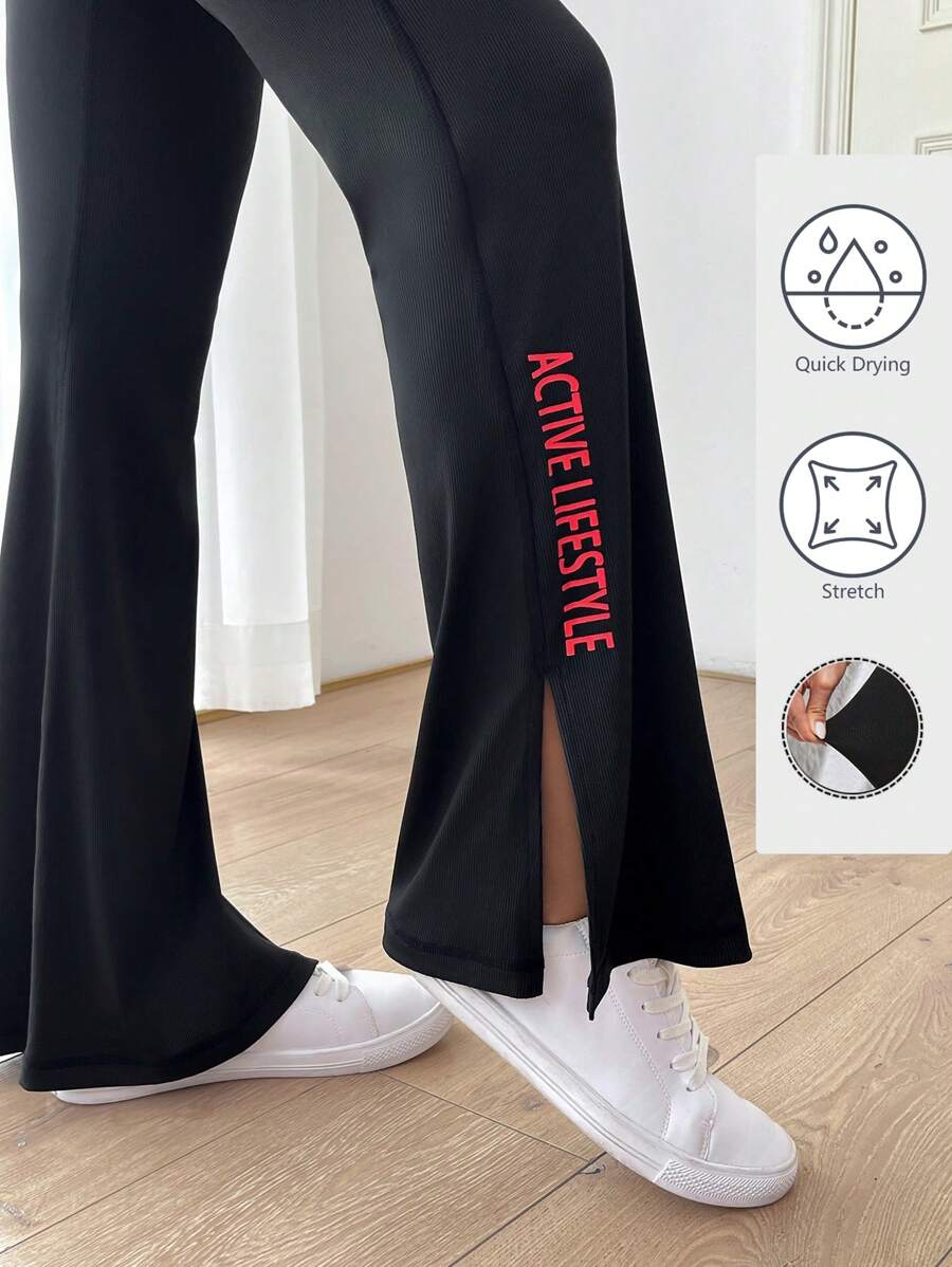 Mulvari 女士针织日常休闲长开叉打底喇叭紧身裤，全长，快干，弹力材质，适合健身跑步瑜伽 - 藍色 - 查看 1