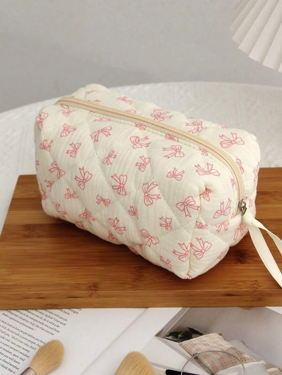 Tas Kosmetik Pita Lucu, Tas Kosmetik Kecil dengan Resleting, Tas Penyimpanan Makeup Gaya Manis, Organizer Perjalanan Mini Berbahan Quilted, Kotak Penyimpanan Makeup Wanita
