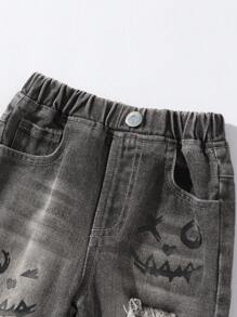 Baby Boy's Street Style Cool And Cute Smiling Printed Cut-Up Straight-Leg Jeans With Elastic Waist And Pockets, All-Season Fashion Essential