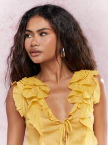 MISSGUIDED Boho Sheer Ruffle Detail Mini Dress - Yellow - View 3