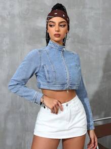 SHEIN EZwear Solid Color Zipper Closure Casual Long Sleeve Denim Jacket - Light Wash - View 3