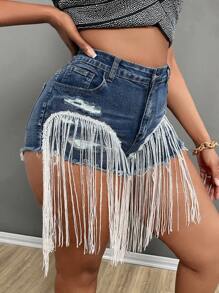 SHEIN SXY Cộng với kích thước Quần short denim màu xanh bó sát gợi cảm có lỗ rách và tua rua - Rửa trung bình - Xem 3