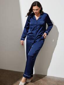 LUVLETTE Conjunto de pijama básico de satén azul oscuro con botones para mujer, conjunto de prendas de estar en casa
