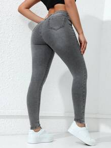 Jeanoix Solid Color Skinny Jeans With Pockets And Zipper - Grey - View 2