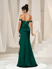Faeriesty Váy dạ hội satin thanh lịch - Hở vai, viền bất đối xứng, xẻ tà, đuôi váy xếp nếp, dáng đuôi cá thanh lịch cho sự quyến rũ trên thảm đỏ, sự kiện cô dâu và tiệc tối - Màu xanh lá cây đậm - Xem 3